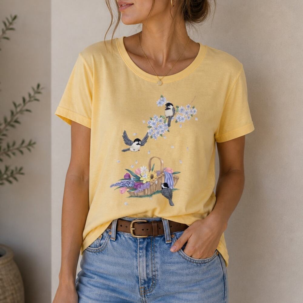 Top Stitch Embroidered T-Shirt Womens Size 1X Cotton Vintage Yellow Birds Nature